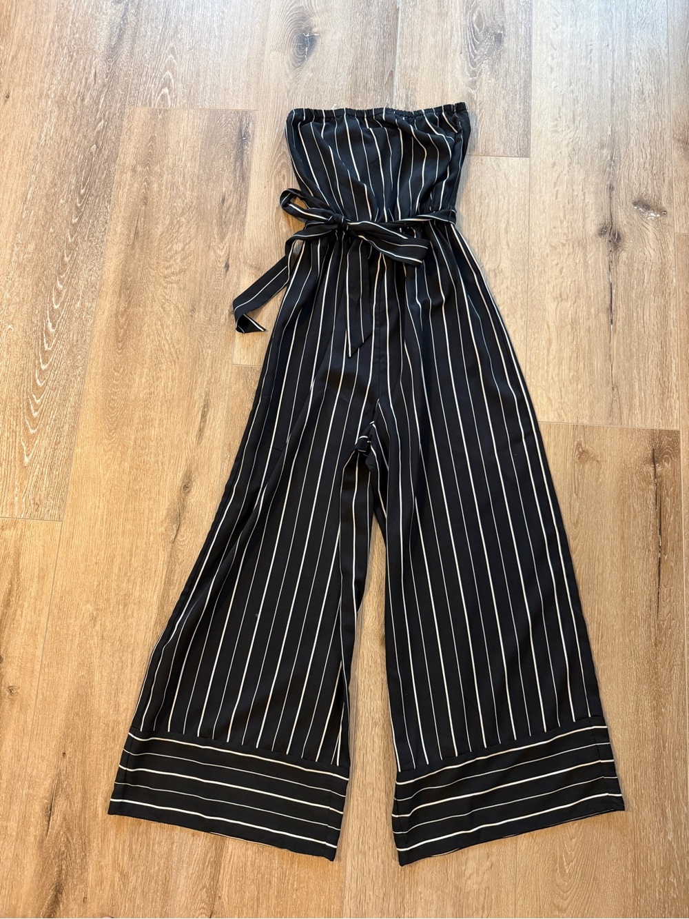 Soprano Black and White Pinstripe Strapless Wide-Leg Jumpsuit